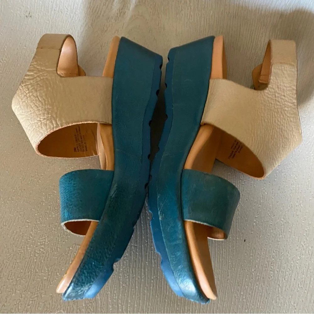 Kork-Ease leather wedge teal blue platform strap buckle sandals 8m